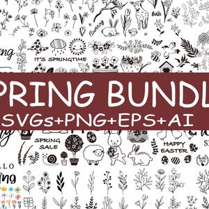 Puede incluir: Un paquete de imágenes prediseñadas de temática primaveral en blanco y negro con ilustraciones de flores, conejos, pájaros, huevos y otras imágenes relacionadas con la primavera. El texto "SPRING BUNDLE" y "SVGS+PNG+EPS+AI" está incluido en la imagen.