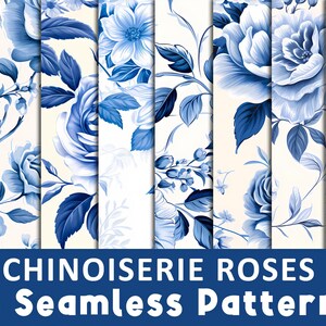 Puede incluir: Ocho patrones sin costuras con rosas chinas azules sobre un fondo crema. Los diseños florales incluyen rosas, hojas y capullos en varios tonos de azul. El texto "CHINOISERIE ROSES 8 Seamless Pattern" se muestra en una pancarta azul.