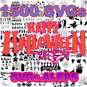 Puede incluir: Una ilustración digital en blanco y negro de 1500 archivos SVG, AI y EPS con temática de Halloween. La imagen incluye una variedad de iconos de Halloween, como calabazas, murciélagos, fantasmas, brujas y arañas. El texto "Happy Halloween" está escrito en letras grandes y en negrita en la parte superior de la imagen.