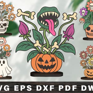 Puede incluir: Una colección de decoraciones temáticas de Halloween con ilustraciones estilizadas. Los diseños incluyen flores con caras de calaveras en macetas con forma de calavera, una maceta con forma de fantasma y una maceta con forma de calabaza. La imagen también incluye una planta con una boca y lengua grandes.