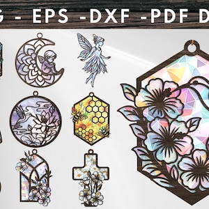 Puede incluir: Colección de adornos de madera cortados con láser en varias formas, incluyendo un colibrí con flores, un hada, un vestido y una cruz. Los adornos presentan diseños intrincados y fondos coloridos tipo vidriera.