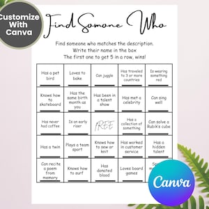 Find Someone Who Bingo Icebreaker | IceBreaker Printable games | Icebreaker Questions | Dinner Party Conversation Starters