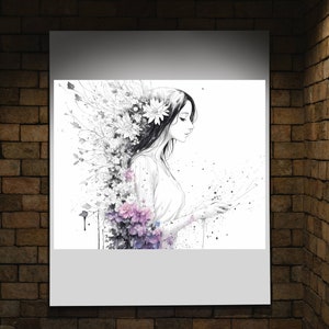 Puede incluir: Una ilustración en blanco y negro de una mujer con el pelo largo y oscuro, de pie de perfil, con flores y hojas detrás de ella. La mujer lleva un vestido blanco y tiene un aspecto delicado y etéreo.