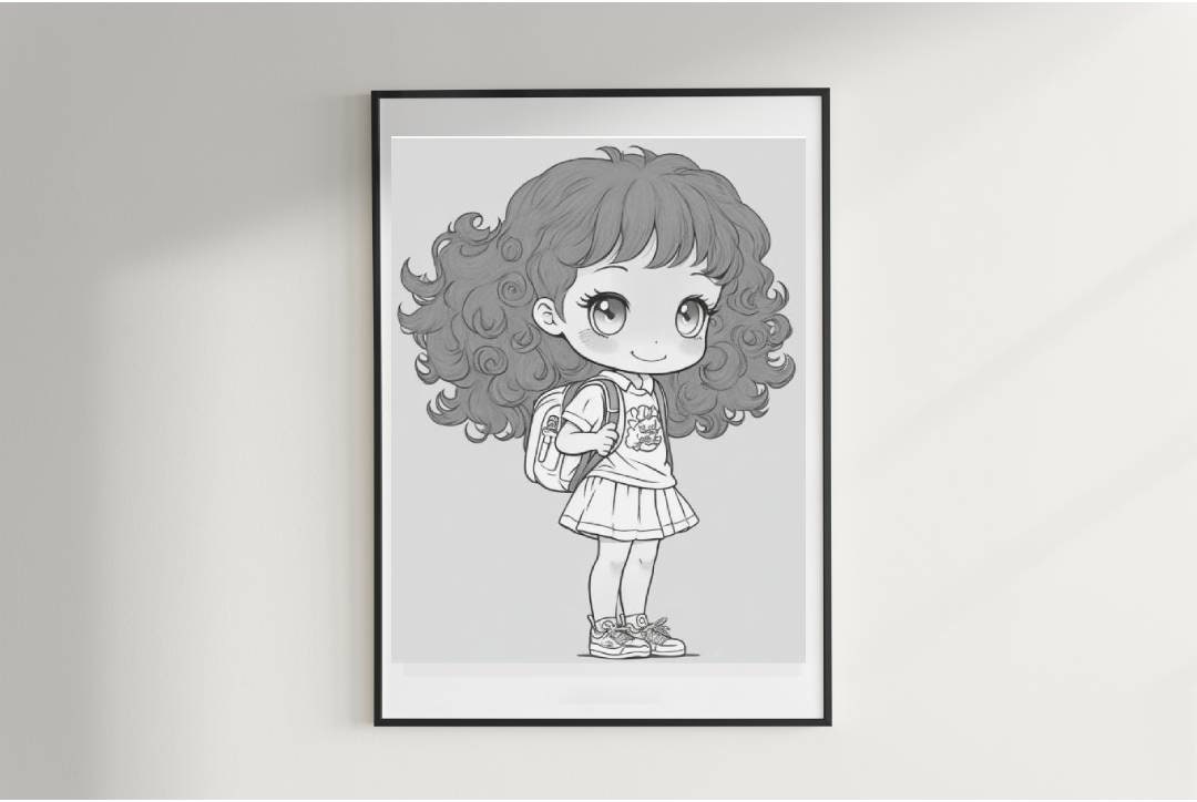 Downloadable Anime Drawing, Black and White, of a Girl With Curly Black ...