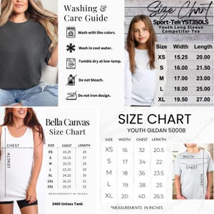 Peut inclure: L'image pr&eacute;sente un guide de lavage et d'entretien avec des instructions et des ic&ocirc;nes. Des tableaux des tailles pour Bella Canvas 3480 Unisex Tank, Sport-Tek YST350LS Youth Long Sleeve Competitor Tee et Youth Gildan 5000B sont &eacute;galement affich&eacute;s, avec des mesures en pouces.