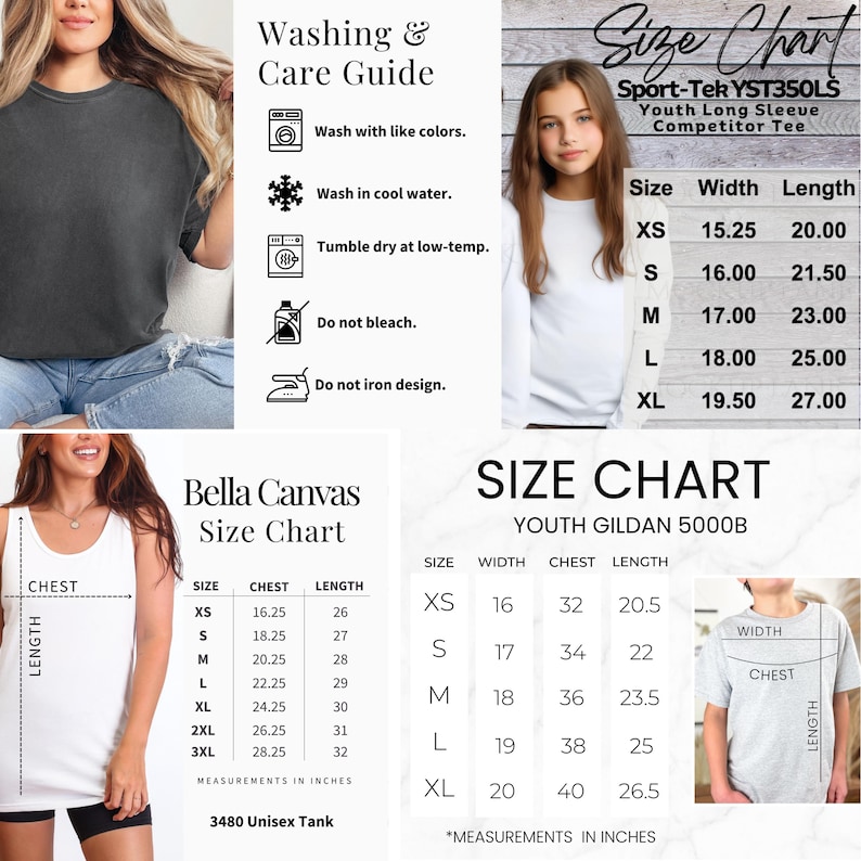 Peut inclure: L'image pr&eacute;sente un guide de lavage et d'entretien avec des instructions et des ic&ocirc;nes. Des tableaux des tailles pour Bella Canvas 3480 Unisex Tank, Sport-Tek YST350LS Youth Long Sleeve Competitor Tee et Youth Gildan 5000B sont &eacute;galement affich&eacute;s, avec des mesures en pouces.