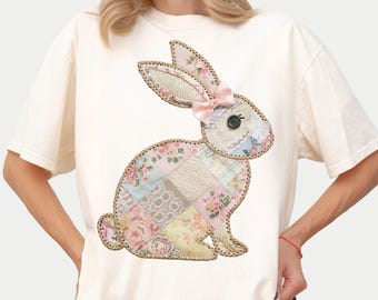 Comfort Colors Floral Bunny Shirt, Faux Embroidered Easter Shirt For Women, Easter Gift For Her, Quilted Patchwork Flower Easter Bunny Shirt