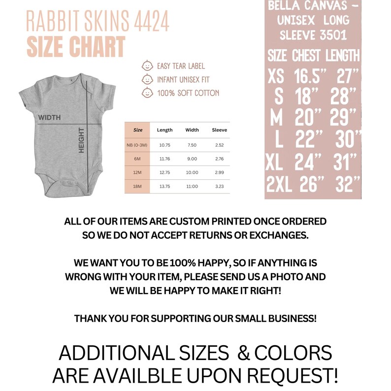 Może przedstawiać: Tabela rozmiar&oacute;w dla body dla niemowląt Rabbit Skins 4424 i koszul unisex z długim rękawem Bella Canvas. Tabela zawiera wymiary długości, szerokości i rękawa, a także długość klatki piersiowej dla koszul. Tekst wspomina r&oacute;wnież, że przedmioty są drukowane na zam&oacute;wienie.