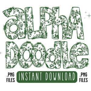 Alfabeto Floral Doodle PNG, Pacote de Letras do Alfabeto PNG, Rabiscos Desenhados à Mão, Designs de Conjunto Alfa de Sublimação PNG, Doodle Alfa de Toile Verde png