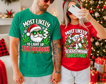 Funny 420 Christmas Pajama Shirts Matching Couples PJs Stoner Holiday Weed Cannabis His Hers Xmas Pajama Tops Boyfriend Girlfriend Gift