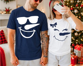 Matching Christmas Couple Pajama Shirts Snowman Face Tees His Hers Holiday Tops Boyfriend Girlfriend Xmas Morning Photo Outfit Winter Gift
