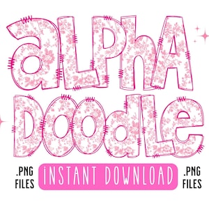 Alfabeto Floral Doodle PNG, Pacote de Letras do Alfabeto PNG, Rabiscos Desenhados à Mão, Designs de Conjunto Alfa de Sublimação PNG, Doodle Alfa de Toile Rosa png