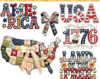 Faux Embroidery America Coquette Png Bundle, 4th of July Bundle Png, Quilted Patchwork America Brushstroke Png, Retro Girly Memorial Day PNG