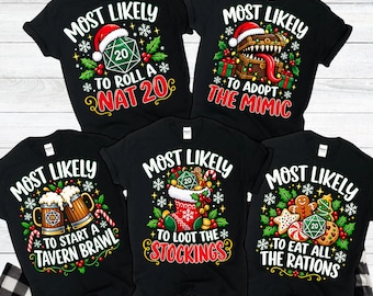 Funny Dragon Christmas Pajama Shirt Most Likely To Matching Family PJs D20 Dice Tabletop RPG Gamer Holiday Sleepwear Dungeon Master Xmas Tee