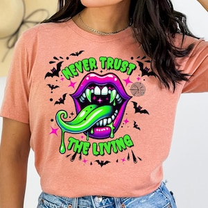 Funny Fall Halloween Shirt, Never Trust The Living Beetle Juice Horror Movie Tshirt, Spooky Halloween Party Costume Vintage Movie Tee