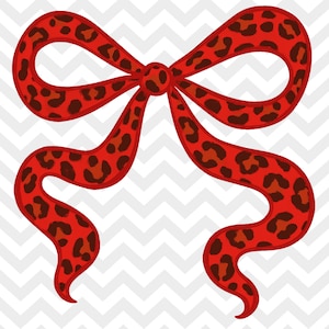 May include: A red bow with a leopard print pattern. The bow is a vibrant red with brown spots, and the design is set against a white and gray chevron background. The bow is a decorative element.