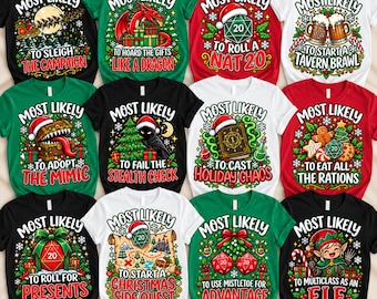 Funny Dragon Christmas Pajama Shirt Most Likely To Matching Family PJs D20 Dice Tabletop RPG Gamer Holiday Sleepwear Dungeon Master Xmas Tee