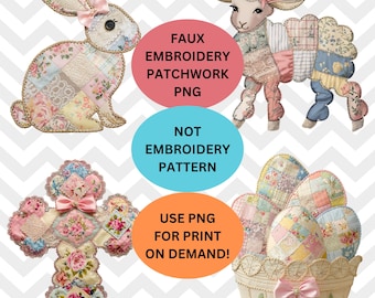 Pacchetto di coniglietti pasquali patchwork floreali in formato PNG, finto ricamo femminile in formato PNG, Pasqua felice vintage in formato PNG, coniglietto retrò in formato PNG, disegni pasquali in sublimazione