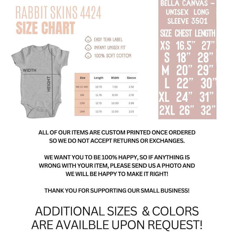 Peut inclure: Tableau des tailles pour les bodies pour b&eacute;b&eacute;s Rabbit Skins 4424 et les chemises &agrave; manches longues unisexes Bella Canvas. Le tableau comprend les mesures de longueur, de largeur et de manche, ainsi que la longueur de la poitrine pour les chemises.