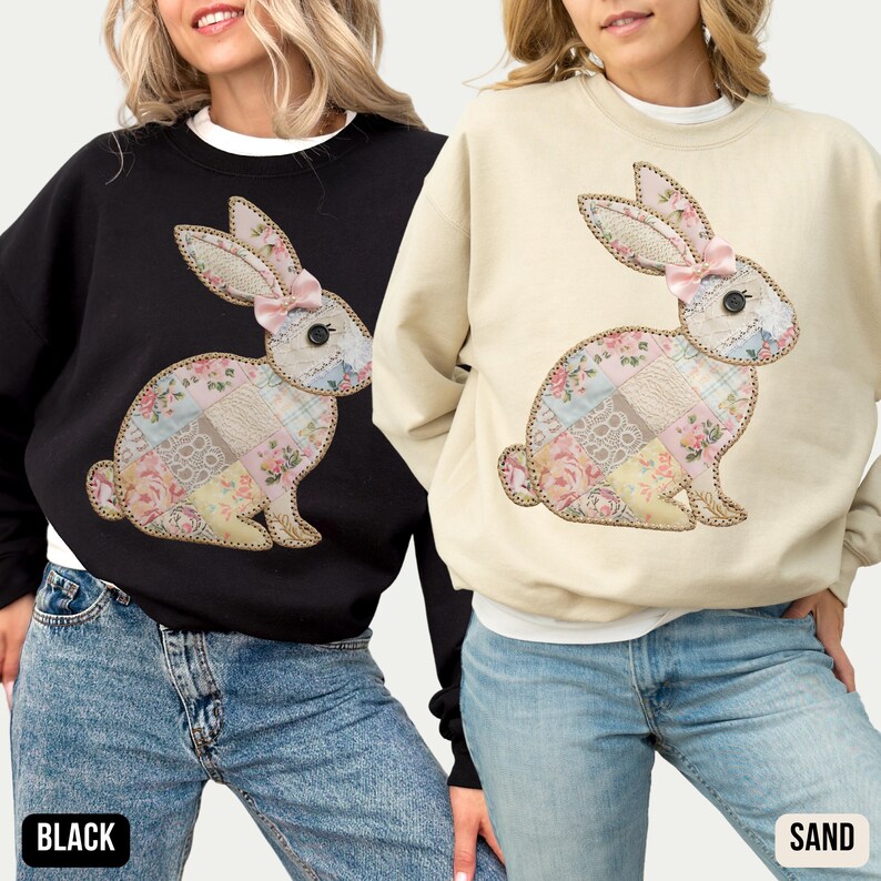 May include: Two sweatshirts with a patchwork bunny design. The sweatshirt on the left is black and the sweatshirt on the right is sand.