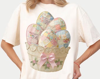 Comfort Colors Floral Bunny Shirt, Faux Embroidered Easter Shirt For Women, Easter Gift For Her, Quilted Patchwork Flower Easter Bunny Shirt