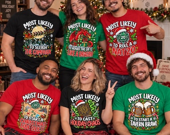Funny Dragon Christmas Pajama Shirt Most Likely To Matching Family PJs D20 Dice Tabletop RPG Gamer Holiday Sleepwear Dungeon Master Xmas Tee