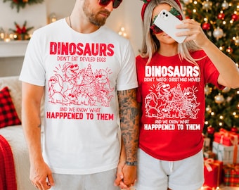 Funny Dinosaur Couples Christmas Shirts Matching Couple Tees His and Hers Xmas Party Outfit Boyfriend Girlfriend Holiday Gift Matching Tops