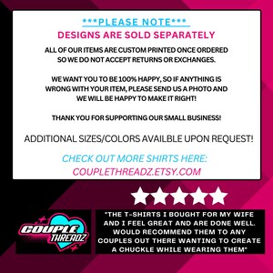 May include: A notice with text in blue, pink, and black on a white background. The text details custom printing, returns, and customer satisfaction. A logo and a customer review are also present.