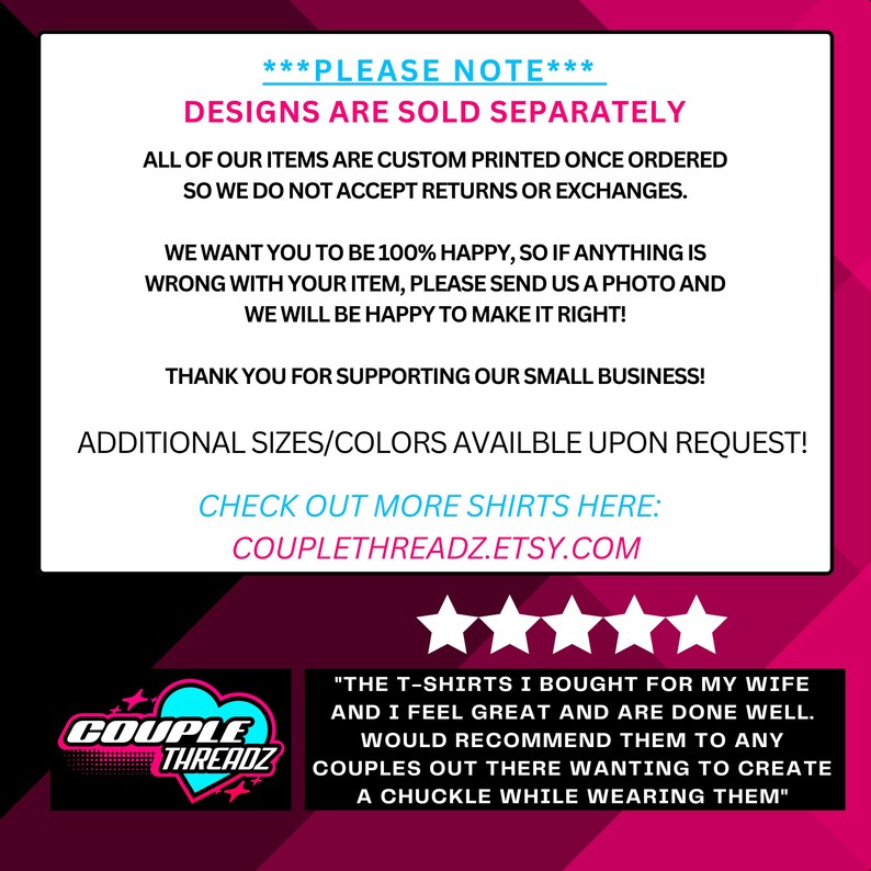 May include: A notice with text in blue, pink, and black on a white background. The text details custom printing, returns, and customer satisfaction. A logo and a customer review are also present.