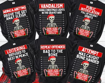 Family Christmas Pajamas Matching Holiday Pajamas for Family Christmas PJs Family Christmas Shirts Funny Santa Skeleton Inmate Correctional