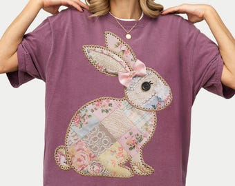 Comfort Colors Floral Bunny Shirt, Faux Embroidered Easter Shirt For Women, Easter Gift For Her, Quilted Patchwork Flower Easter Bunny Shirt