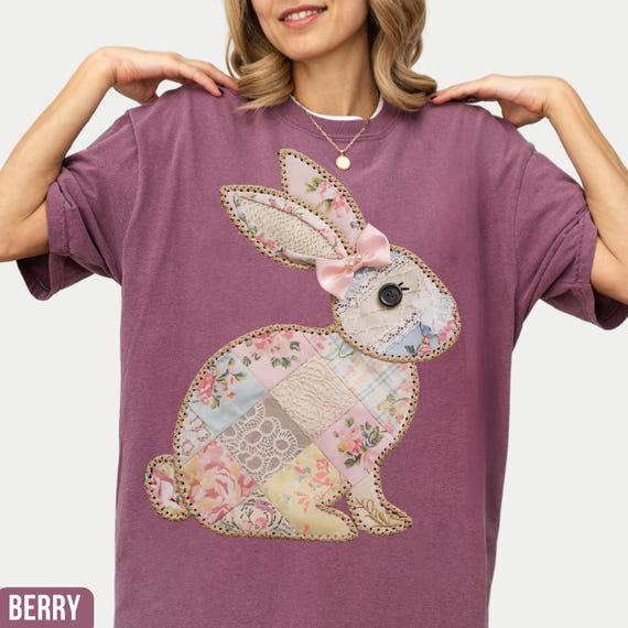 Comfort Colors Floral Bunny Shirt, Faux Embroidered Easter Shirt For Women, Easter Gift For Her, Quilted Patchwork Flower Easter Bunny Shirt