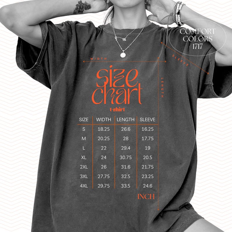 May include: Size chart for t-shirts with measurements in inches for width, length, and sleeve length. Sizes range from S to 4XL.