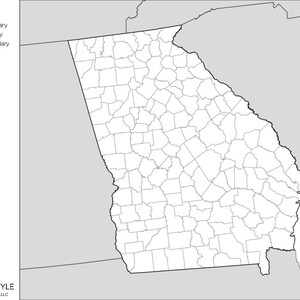 May include: A black and white map of the state of Georgia, showing the county boundaries. The state boundary is outlined in gray, and the country boundary is outlined in black.