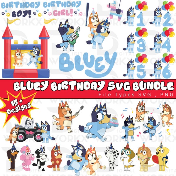 Blu-ey SVG Birthday Bundle, Blu-ey Shirt, Bluey SVG PNG, Blu-ey Birthday, Blu-ey Family, Blu-ey Dad, Blu-ey Font, Bluey Birthday Bundle