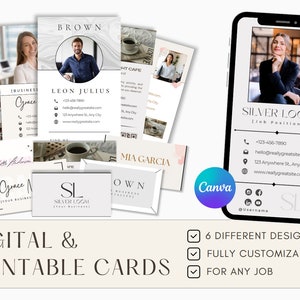 以下が含まれることがあります： さまざまなデザインのデジタルおよび印刷可能な名刺のコレクション。名刺は、連絡先情報、ロゴ、写真用のスペースを備えたプロフェッショナルなレイアウトを備えています。スマートフォンにはカードのデザインが表示されます。 Canvaのロゴが含まれています。