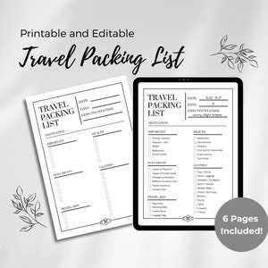 Travel Packing List - Editable Travel Checklist, Printable, Instant Download for Holidays, Trips, Vacation, Packing List, Travel Planner