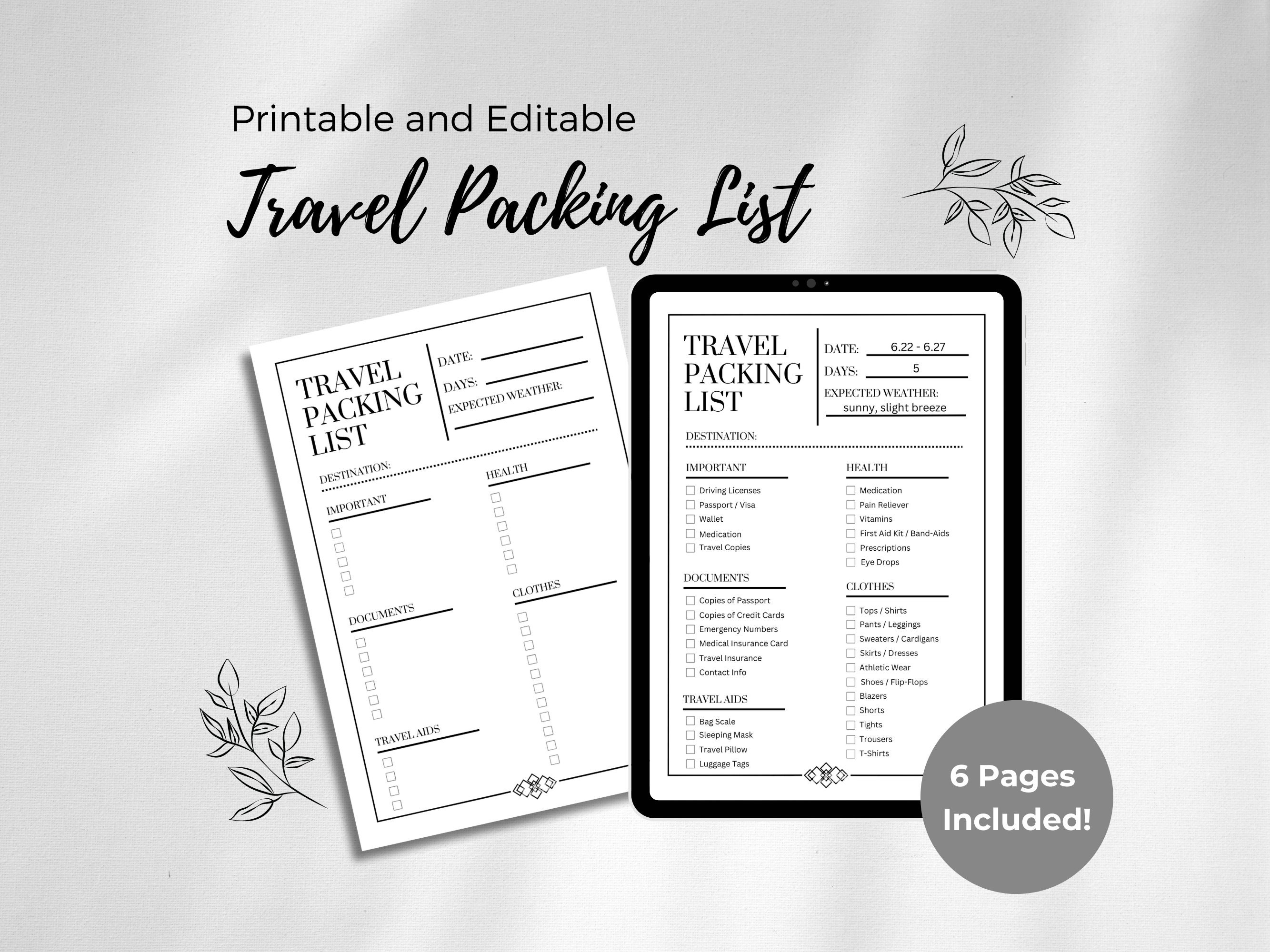 Travel Packing List Editable Travel Checklist, Printable, Instant