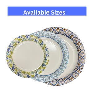 May include: Three white paper plates with patterned rims. The plates feature floral, blue and white, and mosaic designs. The text "Available Sizes" is in a blue rectangle above the plates.