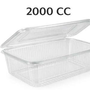May include: A clear, rectangular plastic food container with a hinged lid. The container features vertical ribbed sides and a smooth, flat base. The text 2000 CC is printed in black above the container, indicating its capacity in cubic centimetres.