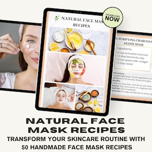 Pode incluir: Um tablet digital exibe um guia de receitas de máscaras faciais naturais. A tela mostra imagens de ingredientes e mulheres aplicando máscaras. O texto no tablet diz "Natural Face Mask Recipes" e "Transforme sua rotina de cuidados com a pele com 50 receitas de máscaras faciais artesanais."