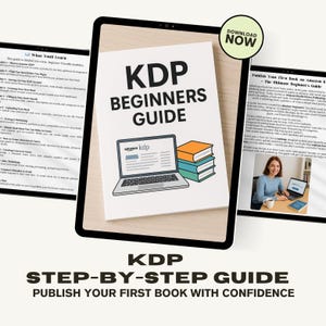 Op de afbeelding: Een digitale tablet toont een boekomslag met de titel "KDP Beginners Guide". De omslag bevat een laptopafbeelding met het Amazon KDP-logo en een stapel boeken. De tekst "KDP Step-by-Step Guide" staat onderaan, met een "Download Now"-knop.