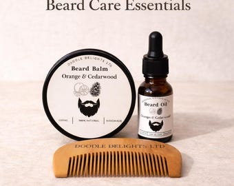 Natural Beard Care Set Balm Oil Comb | Orange Cedarwood Grooming Kit | Gift For Him