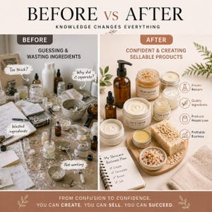 May include: A split image shows the "Before" and "After" of skincare product creation. The "Before" side displays a cluttered workspace with wasted ingredients. The "After" side showcases neatly arranged products like body butter and face cream, with a business plan.