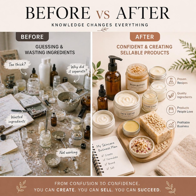 May include: A split image shows the "Before" and "After" of skincare product creation. The "Before" side displays a cluttered workspace with wasted ingredients. The "After" side showcases neatly arranged products like body butter and face cream, with a business plan.