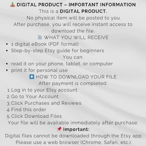 May include: A digital product information sheet with the title "DIGITAL PRODUCT - IMPORTANT INFORMATION". The text explains the product is digital, detailing what the buyer receives, how to download the file, and important notes about the Etsy app.