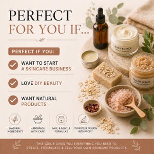 May include: An advertisement for skincare products. The image features a brown bottle, jars of body butter and sugar scrub, a bar of soap, and small bowls of ingredients. Text includes "Perfect for You If..." and "Want to Start a Skincare Business."