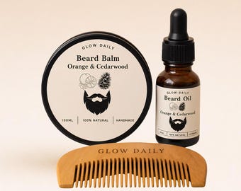 Natural Beard Care Set Balm Oil Comb | Orange Cedarwood Grooming Kit | Gift For Him