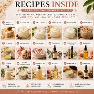 May include: An image showcasing 18 professional skincare recipes, including honey & oatmeal soap, body butter, face cream, hand cream, and more. The image features various skincare products with text that reads "Recipes Inside" and "Everything you need to create, formulate & sell your own natural skincare products."