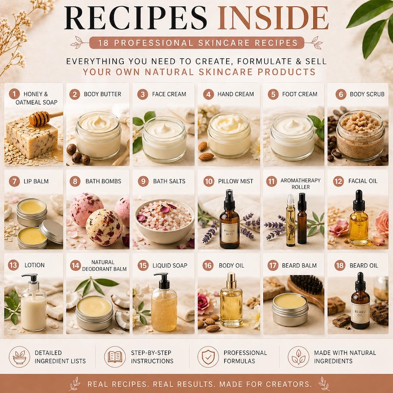 May include: An image showcasing 18 professional skincare recipes, including honey & oatmeal soap, body butter, face cream, hand cream, and more. The image features various skincare products with text that reads "Recipes Inside" and "Everything you need to create, formulate & sell your own natural skincare products."